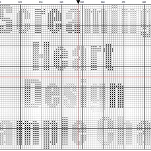 May include: Black and white cross stitch pattern with the words "Heart" and "Sample" in a grid format.