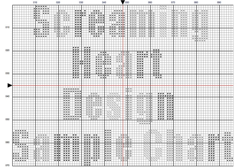 May include: Black and white cross stitch pattern with the words "Heart" and "Sample" in a grid format.