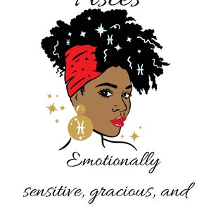 Black woman zodiac print - pisces print, zodiac gift, star sign wall art, astrology print, star sign wall art, Pisces art, pisces posted,