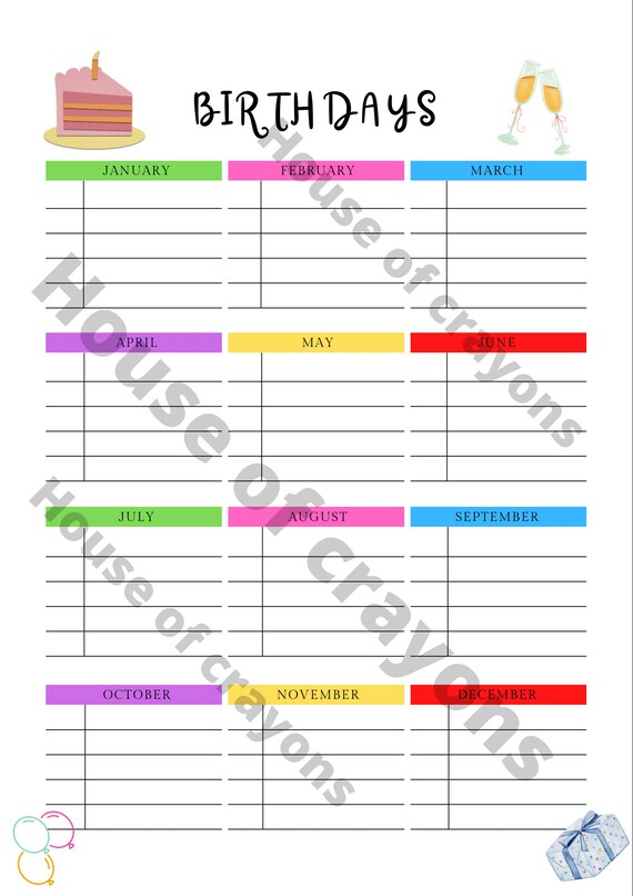 Yearly Birthday Tracker Birthday Planner Birthday Calendar Etsy
