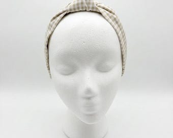 Diadema de cuadros vichy color crema y tostado