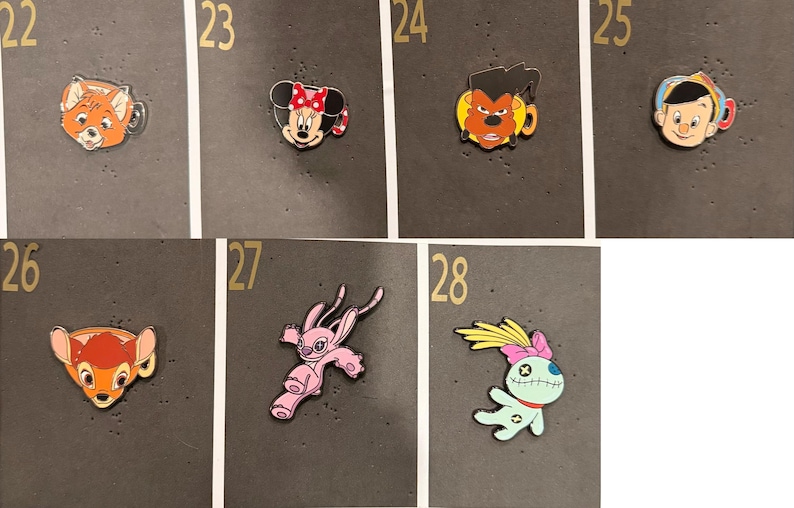 May include: A collection of Disney character enamel pins, including Tod from Fox and the Hound, Minnie Mouse, a character from Beauty and the Beast, Pinocchio, Bambi, Angel, and a Stitch variant. Each pin is colorful and detailed, with a glossy finish.