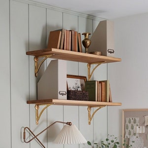 Rustic Solid Wood Shelf with Solid Brass Ironbridge Brackets | Handcrafted | 22cm Depth x 3cm Thickness | Folkhaus
