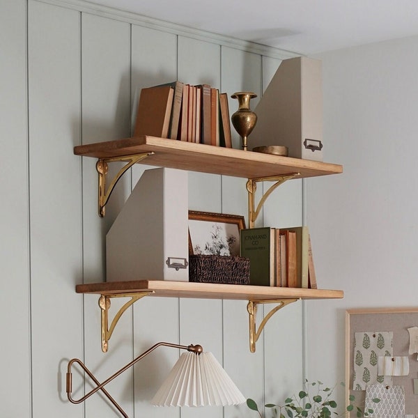 Rustic Solid Wood Shelf with Solid Brass Ironbridge Brackets | Handcrafted | 22cm Depth x 3cm Thickness | Folkhaus