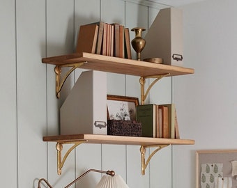 Rustic Solid Wood Shelf with Solid Brass Ironbridge Brackets | Handcrafted | 22cm Depth x 3cm Thickness | Folkhaus