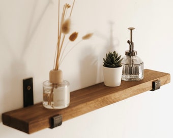 Rustic Slim Solid Wood Shelf with Raw Steel Brackets | Handcrafted | 10cm Depth x 3.2cm Thickness | Folkhaus