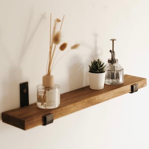 Rustic Slim Solid Wood Shelf with Raw Steel Brackets | Handcrafted | 10cm Depth x 3.2cm Thickness | Folkhaus