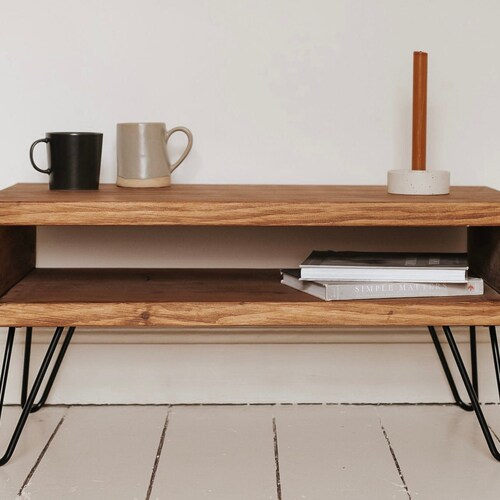 Rustic Storage Coffee Table Made From Solid Wood With Hairpin Etsy