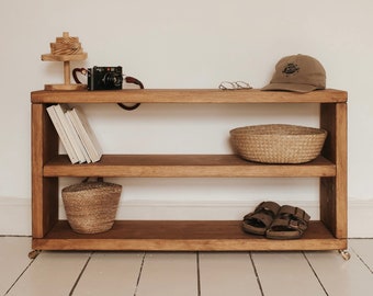 Meuble de rangement rustique en bois massif | Banc rustique | Bibliothèque en bois avec roulettes ou pieds en épingle à cheveux | Fabriqué à la main | Maison folklorique