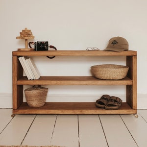 Rustic Storage Unit made from Solid Wood Rustic Bench Wooden Bookshelf with Castor Wheels or Hairpin Legs Handcrafted Folkhaus zdjęcie 1