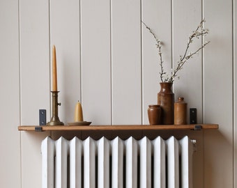 Rustic Solid Wood Radiator Shelf with Raw Steel Brackets | Handcrafted | 2cm Thickness | Folkhaus