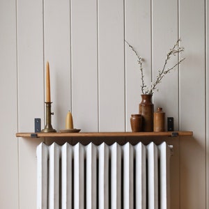 Rustic Solid Wood Radiator Shelf with Raw Steel Brackets Handcrafted 2cm Thickness Folkhaus image 2