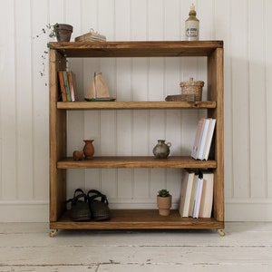 Rustic Bookcase made from Solid Wood Rustic Storage Unit Wooden Bookshelf with Castor Wheels or Hairpin Legs Handcrafted Folkhaus image 1