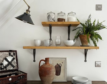 Rustic Style Solid Wood Shelf with Cast Iron Brackets | Handcrafted | 22cm Depth x 3.2cm Thickness | Folkhaus