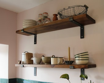 Rustic Style Solid Wood Shelf with Raw Steel Brackets | Handcrafted | 22cm Depth x 3.2cm Thickness | Folkhaus