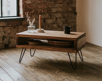 Rustic Storage Coffee Table made from Solid Wood with Hairpin Legs | Handcrafted | Folkhaus