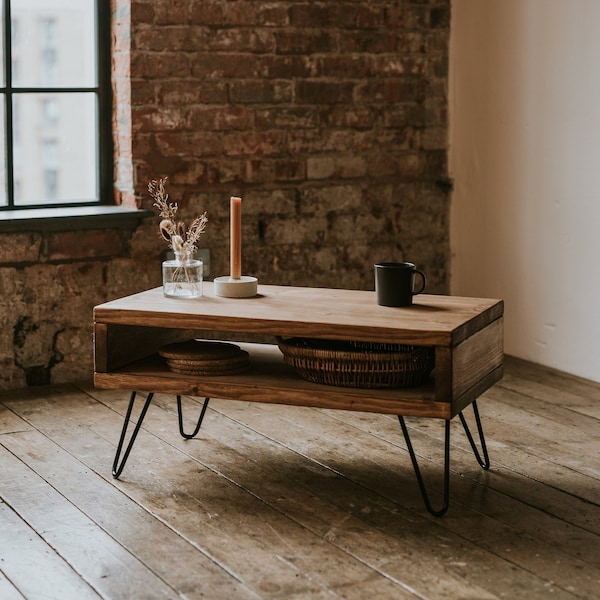 Rustic Storage Coffee Table made from Solid Wood with Hairpin Legs | Handcrafted | Folkhaus