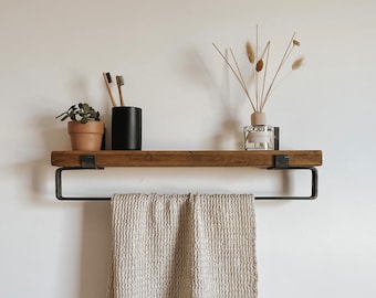 Rustic Slim Solid Wood Shelf with Raw Steel Towel Rail and Brackets | Handcrafted | 10cm Depth x 3.2cm Thickness | Folkhaus