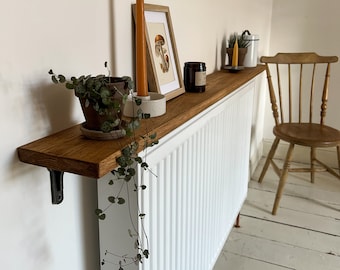Rustic Solid Wood Radiator Shelf with Cast Iron Brackets | Handcrafted | 15cm Depth x 2cm Thickness | Folkhaus
