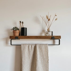 Rustic Slim Solid Wood Shelf with Raw Steel Towel Rail and Brackets | Handcrafted | 10cm Depth x 3.2cm Thickness | Folkhaus