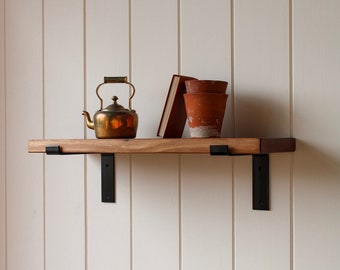 Rustic Style Solid Wood Shelf with Black Brackets | Handcrafted | 22cm Depth x 3.2cm Thickness | Folkhaus