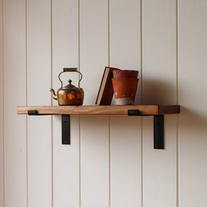 Rustic Style Solid Wood Shelf with Black Brackets | Handcrafted | 22cm Depth x 3.2cm Thickness | Folkhaus