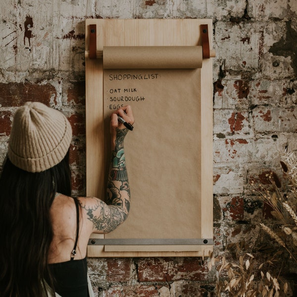 Wall Mounted Kraft Paper Roll Dispenser made from Solid Wood | Hanging Kraft Paper Roll Holder | Note Board | Menu Board | Folkhaus