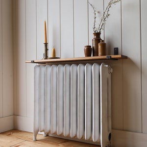 Rustic Solid Wood Radiator Shelf with Raw Steel Brackets Handcrafted 2cm Thickness Folkhaus image 3