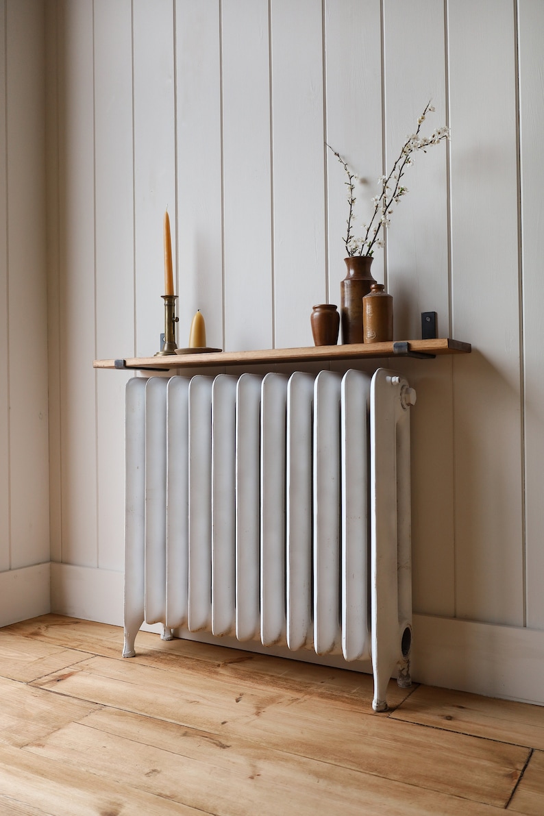 Rustic Solid Wood Radiator Shelf with Raw Steel Brackets Handcrafted 2cm Thickness Folkhaus image 3