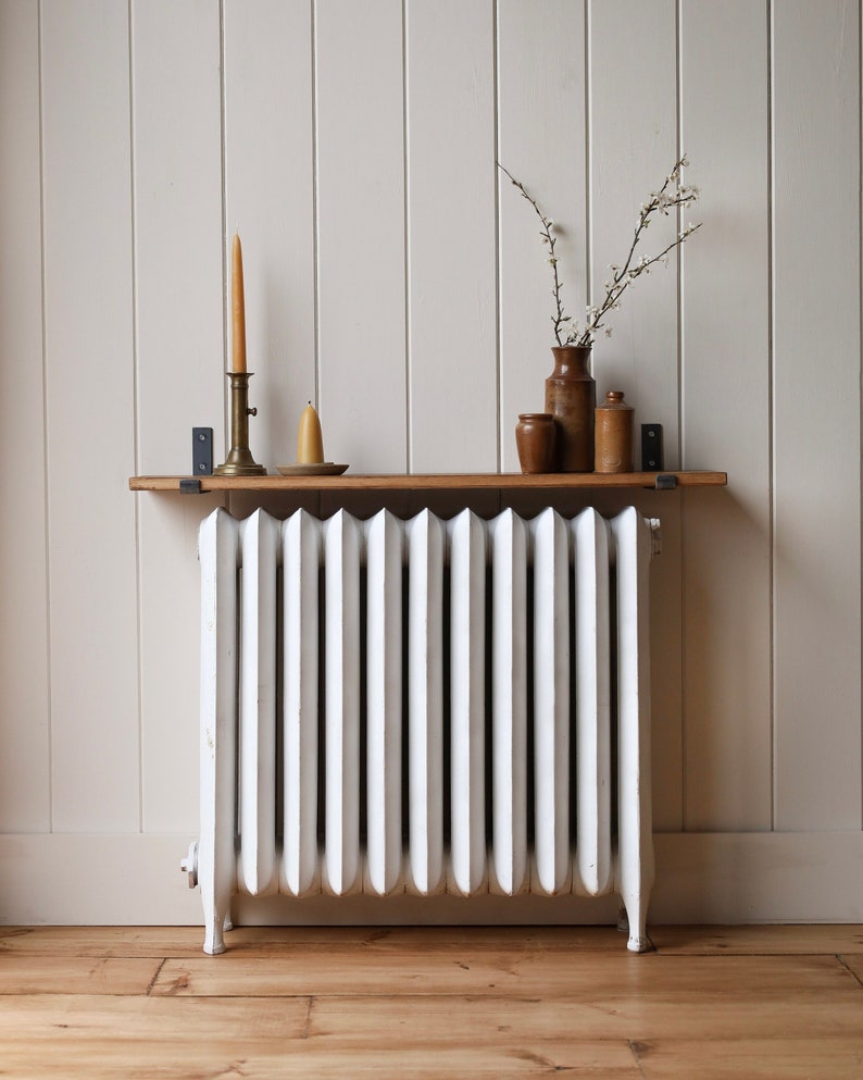 Rustic Solid Wood Radiator Shelf with Raw Steel Brackets Handcrafted 2cm Thickness Folkhaus image 2