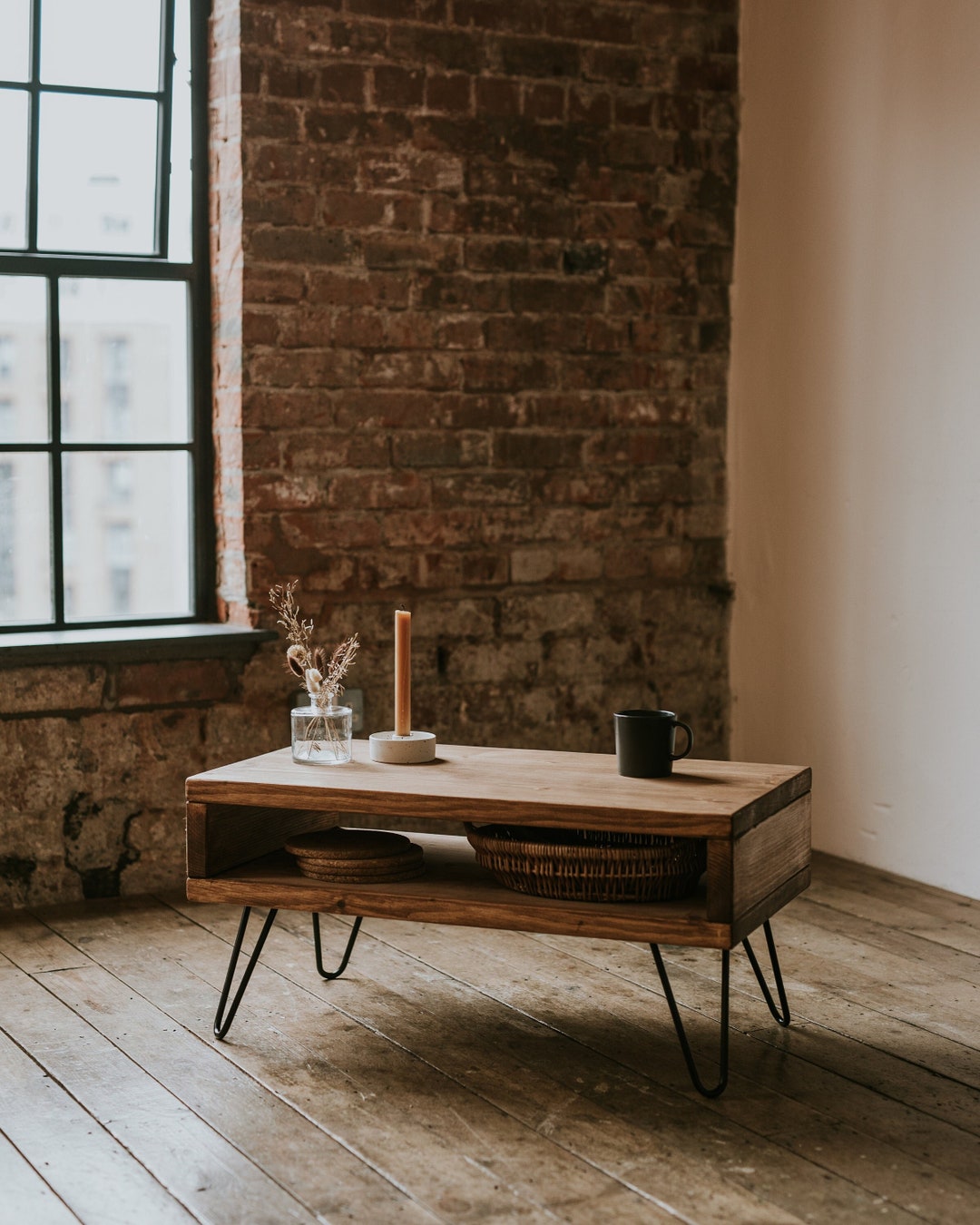 Rustic Storage Coffee Table Made From Solid Wood With Hairpin Legs