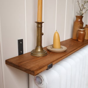 Rustic Solid Wood Radiator Shelf with Raw Steel Brackets Handcrafted 2cm Thickness Folkhaus image 5