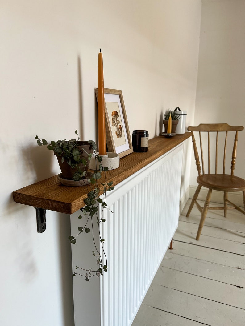 Rustic Solid Wood Radiator Shelf with Cast Iron Brackets | Handcrafted | 15cm Depth x 2cm Thickness | Folkhaus 