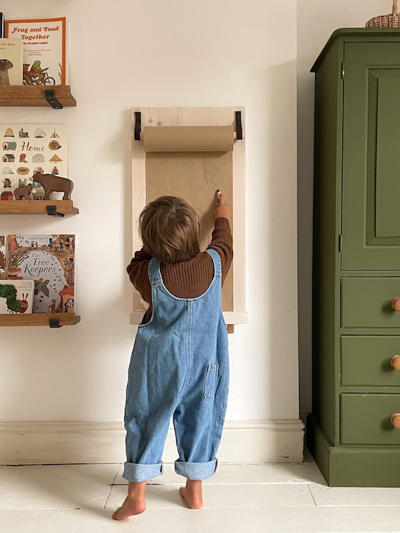 Wall Mounted Easel With Shelf Made From Solid Wood Children's Drawing Board  Hanging Kraft Paper Roll Dispenser Handcrafted Folkhaus 