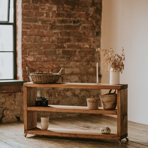 Rustic Storage Unit made from Solid Wood Rustic Bench Wooden Bookshelf with Castor Wheels or Hairpin Legs Handcrafted Folkhaus zdjęcie 4