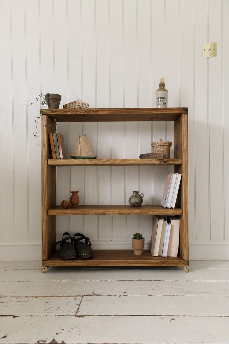 Rustic Bookcase made from Solid Wood Rustic Storage Unit Wooden Bookshelf with Castor Wheels or Hairpin Legs Handcrafted Folkhaus image 1