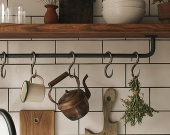 Kitchen Rail made from Raw Steel with S Hooks | Hanging Rail | Utensil Rail | Pot Rail | Pan Rail | Towel Rail | Handcrafted | Folkhaus