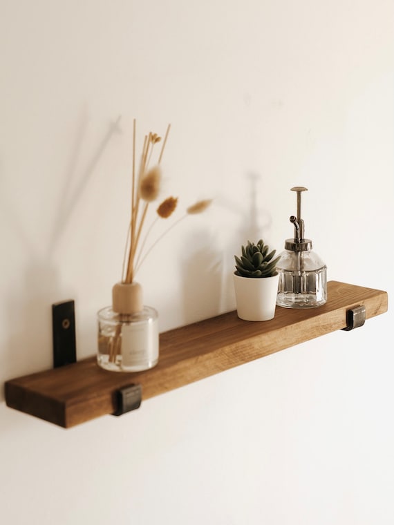 Rustic Slim Solid Wood Shelf With Raw Steel Brackets Handcrafted