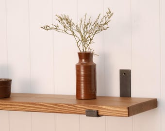 Rustic Style Solid Wood Shelf with Raw Steel Brackets | Handcrafted | 22cm Depth x 3.2cm Thickness | Folkhaus