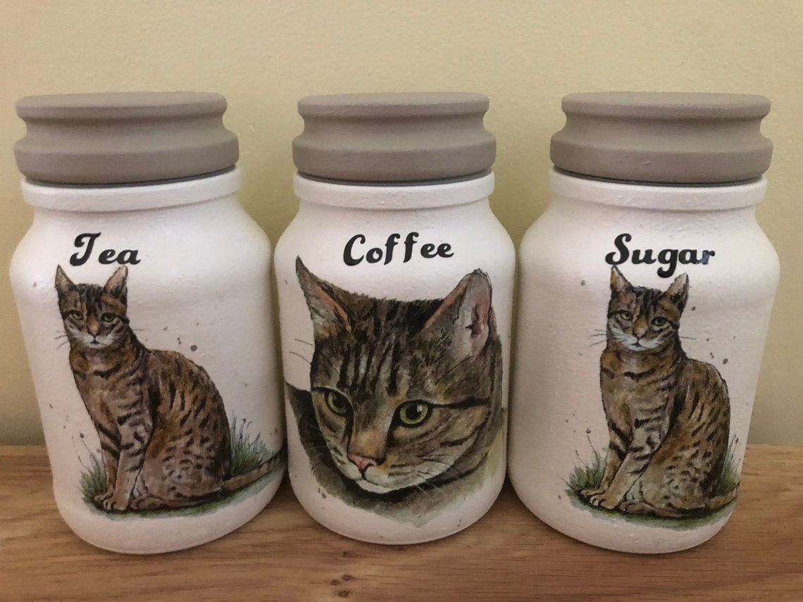 Cat kitchen canister set tea coffee & sugar jars cat Etsy