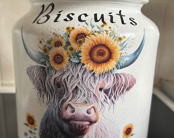 Highland Cow With Sunflowers Biscuit Jar Glass Biscuit Jar