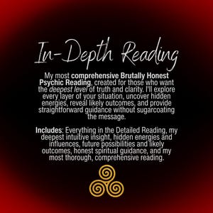 Puede incluir: Un gr&aacute;fico digital con un fondo degradado en rojo y negro que presenta el texto blanco In-Depth Reading seguido de una descripci&oacute;n detallada de un servicio de lectura ps&iacute;quica y un s&iacute;mbolo de triskelion dorado en la parte inferior central.