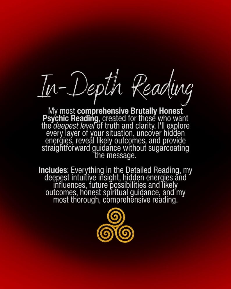 Puede incluir: Un gr&aacute;fico digital con un fondo degradado en rojo y negro que presenta el texto blanco In-Depth Reading seguido de una descripci&oacute;n detallada de un servicio de lectura ps&iacute;quica y un s&iacute;mbolo de triskelion dorado en la parte inferior central.