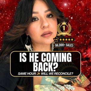 Puede incluir: Una persona con cabello oscuro y pendientes plateados sostiene cartas de tarot. El texto dice: IS HE COMING BACK? SAME HOUR WILL WE RECONCILE? Una insignia dorada muestra 1 TOP, 5.0 estrellas y 96,000+ SALES. Fondo rojo con estrellas.