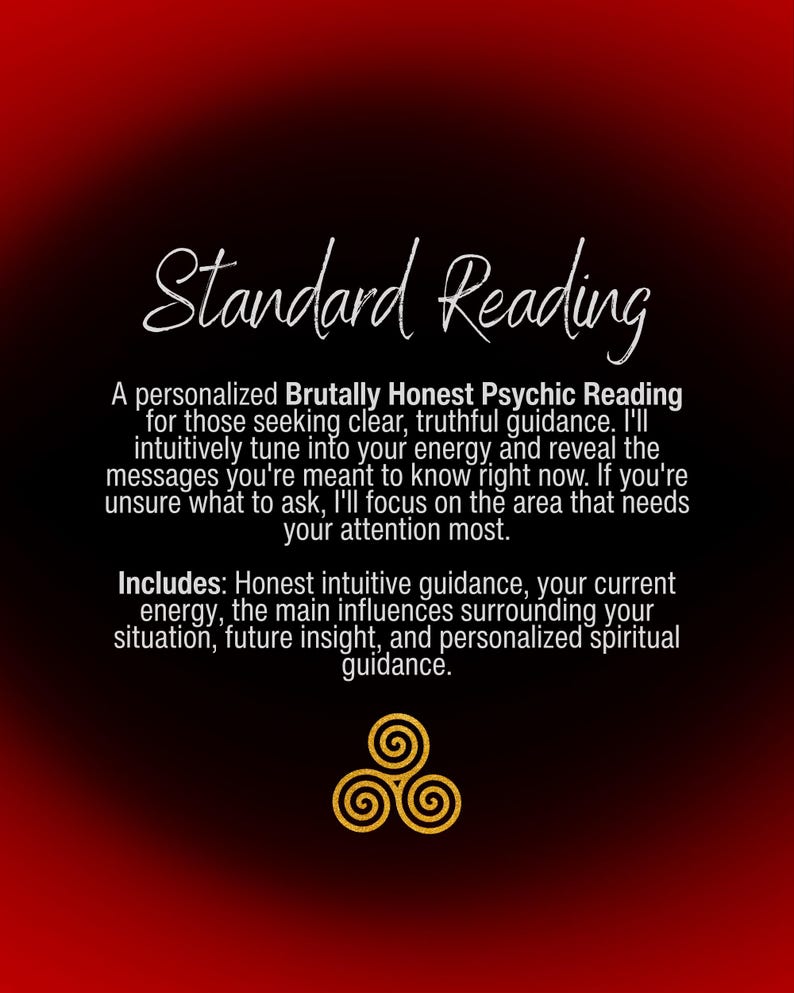 Puede incluir: Un gr&aacute;fico digital con un fondo degradado en rojo y negro que presenta el texto blanco Standard Reading, seguido de una descripci&oacute;n de un servicio de lectura ps&iacute;quica Brutally Honest y un s&iacute;mbolo de triskelion dorado en la parte inferior central.