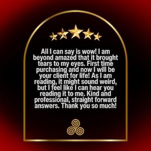 May include: A black rectangular graphic with a gold arched border featuring five gold stars at the top and a gold triskelion symbol at the bottom. The text reads: All I can say is wow! I am beyond amazed that it brought tears to my eyes.