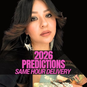 May include: A person with long dark hair and silver earrings holds tarot cards. The image features the text "2026 Predictions Same Hour Delivery" in pink and white. The background is black.