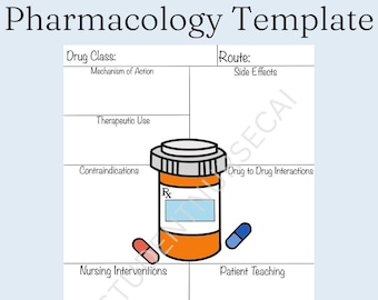 May include: A printable pharmacology template with a cartoon pill bottle and capsules. The template is divided into sections for drug class, mechanism of action, route, side effects, therapeutic use, contraindications, drug to drug interactions, nursing interventions, and patient teaching.