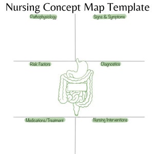 May include: A blank concept map template for nursing students. The map is divided into six sections: Pathophysiology, Signs & Symptoms, Risk Factors, Diagnostics, Medications/Treatment, and Nursing Interventions. A simple line drawing of the human digestive system is in the center of the map.