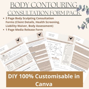 A4 Body Sculpting Forms | Contouring Forms | Esthetician Beautician Forms | Consultation Forms | Media Release Waiver